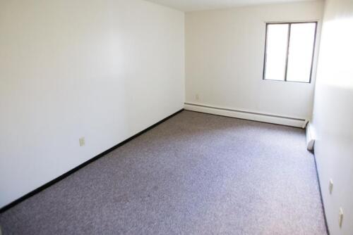 An empty room with a window and carpet.